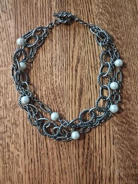 Silver-Tone Multi-Chain Necklace with White Bead Accents